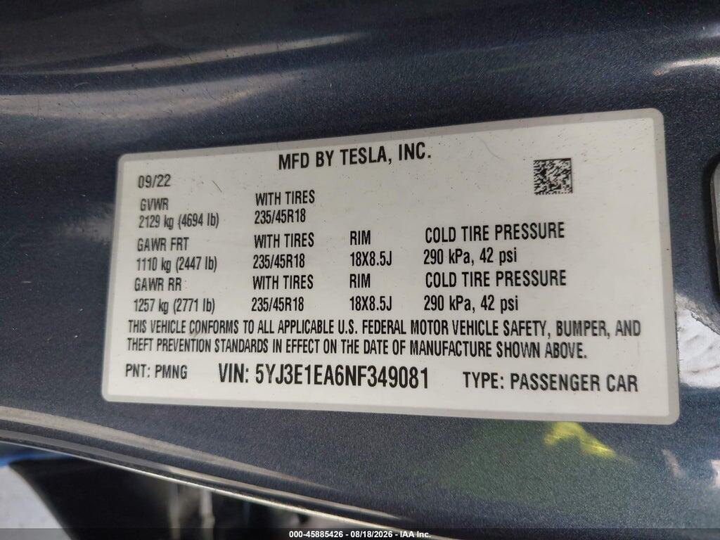 5YJ3E1EA6NF349081 2022 TESLA MODEL 3 photo no. 9