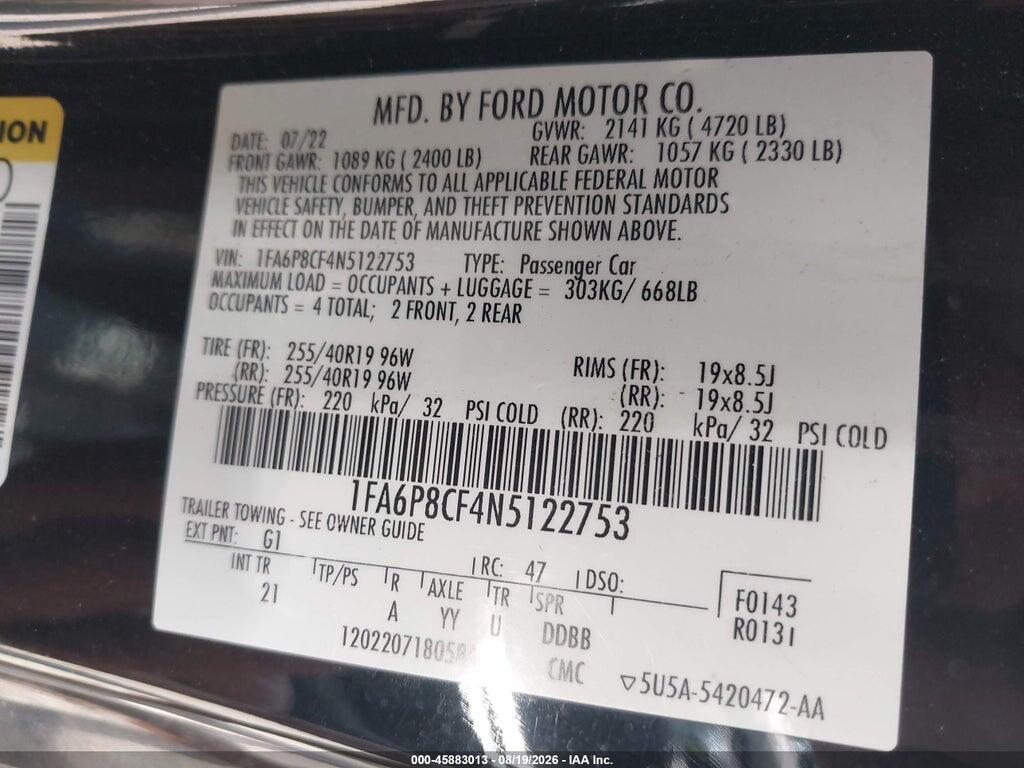 1FA6P8CF4N5122753 2022 FORD MUSTANG photo no. 9
