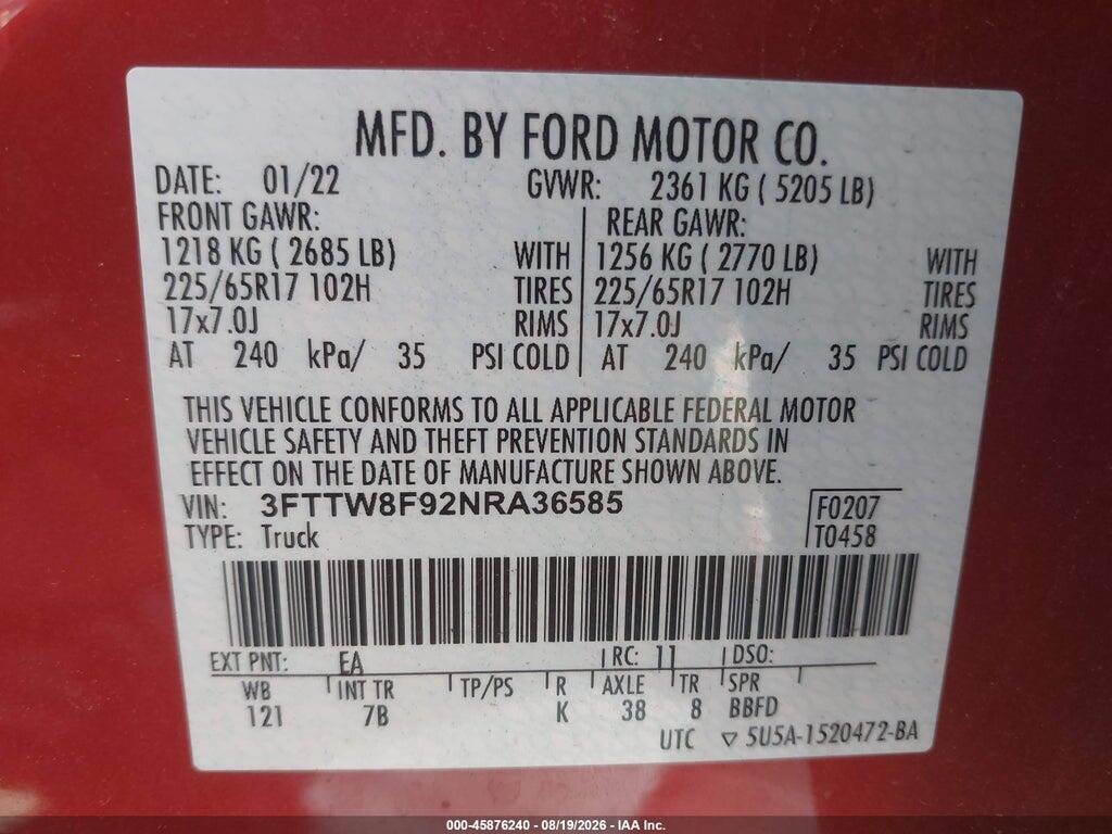 3FTTW8F92NRA36585 2022 FORD MAVERICK photo no. 9