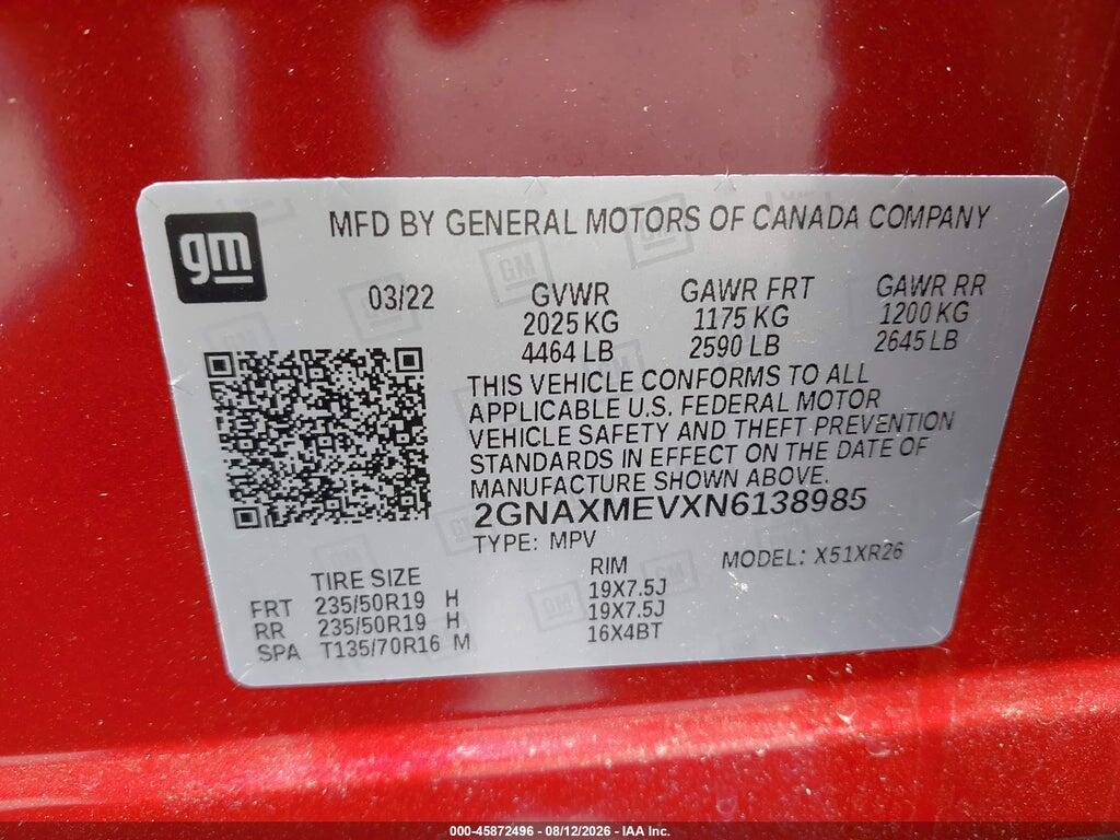 2GNAXMEVXN6138985 2022 CHEVROLET EQUINOX photo no. 9