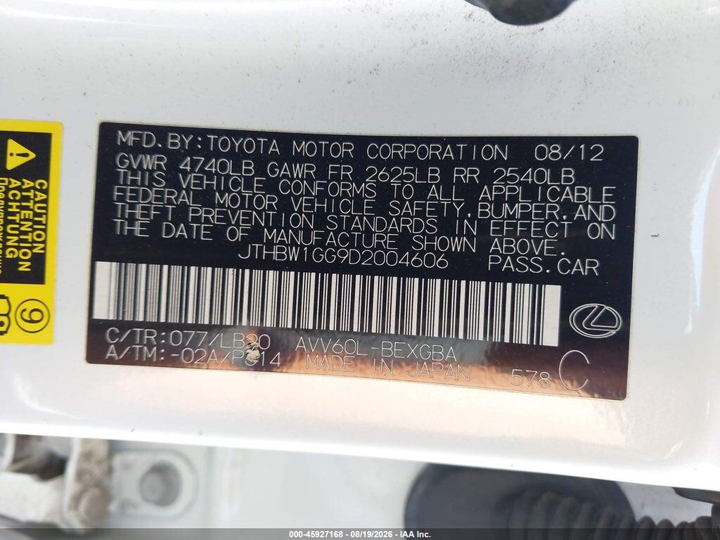 JTHBW1GG9D2004606 2013 LEXUS ES 300H photo no. 9
