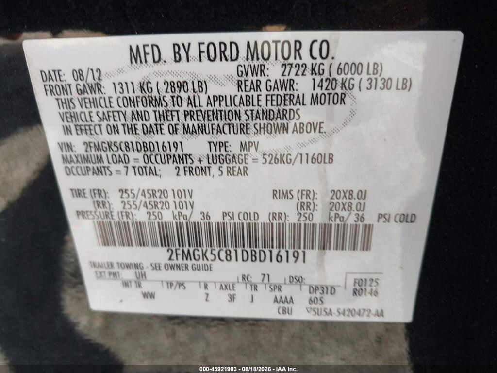 2FMGK5C81DBD16191 2013 FORD FLEX photo no. 9