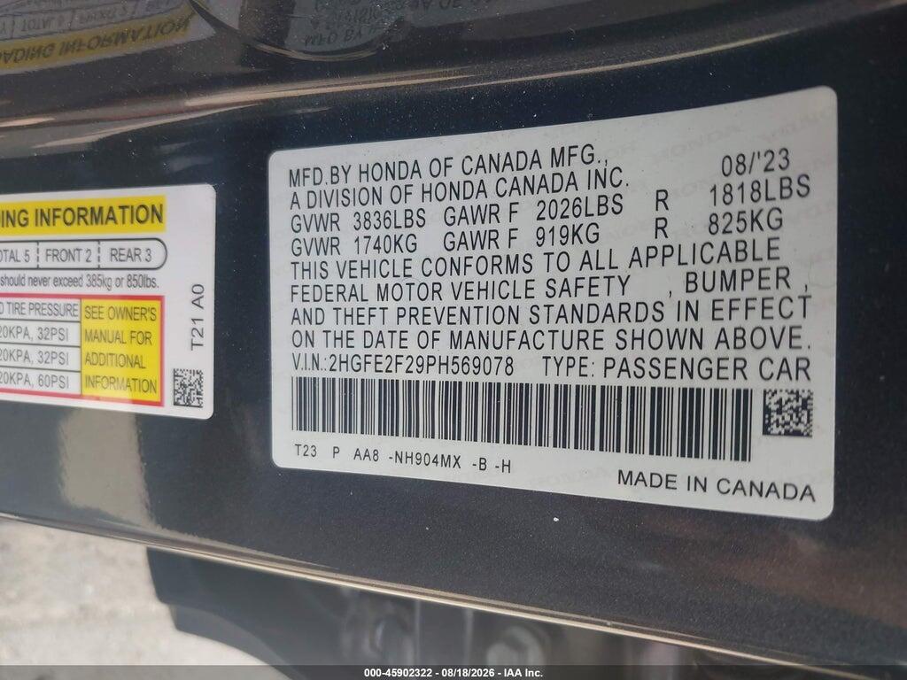 2HGFE2F29PH569078 2023 HONDA CIVIC photo no. 9