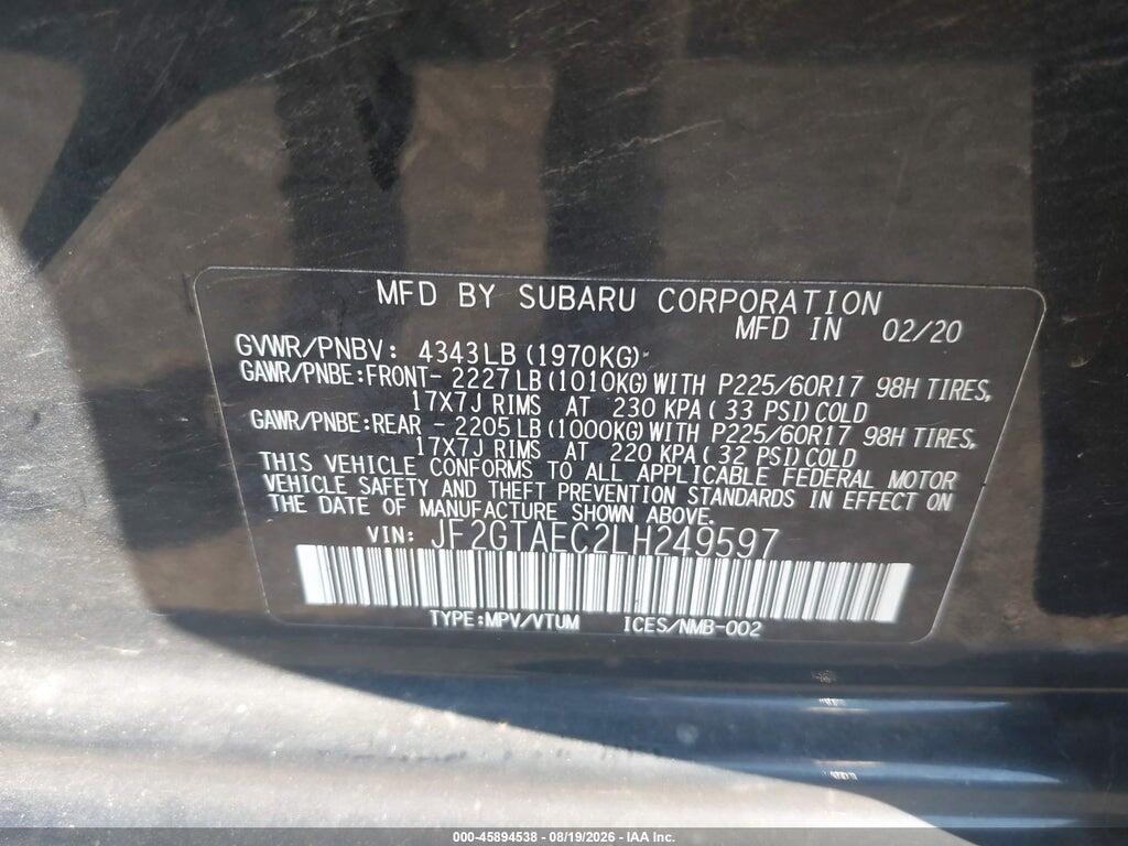 JF2GTAEC2LH249597 2020 SUBARU CROSSTREK photo no. 9