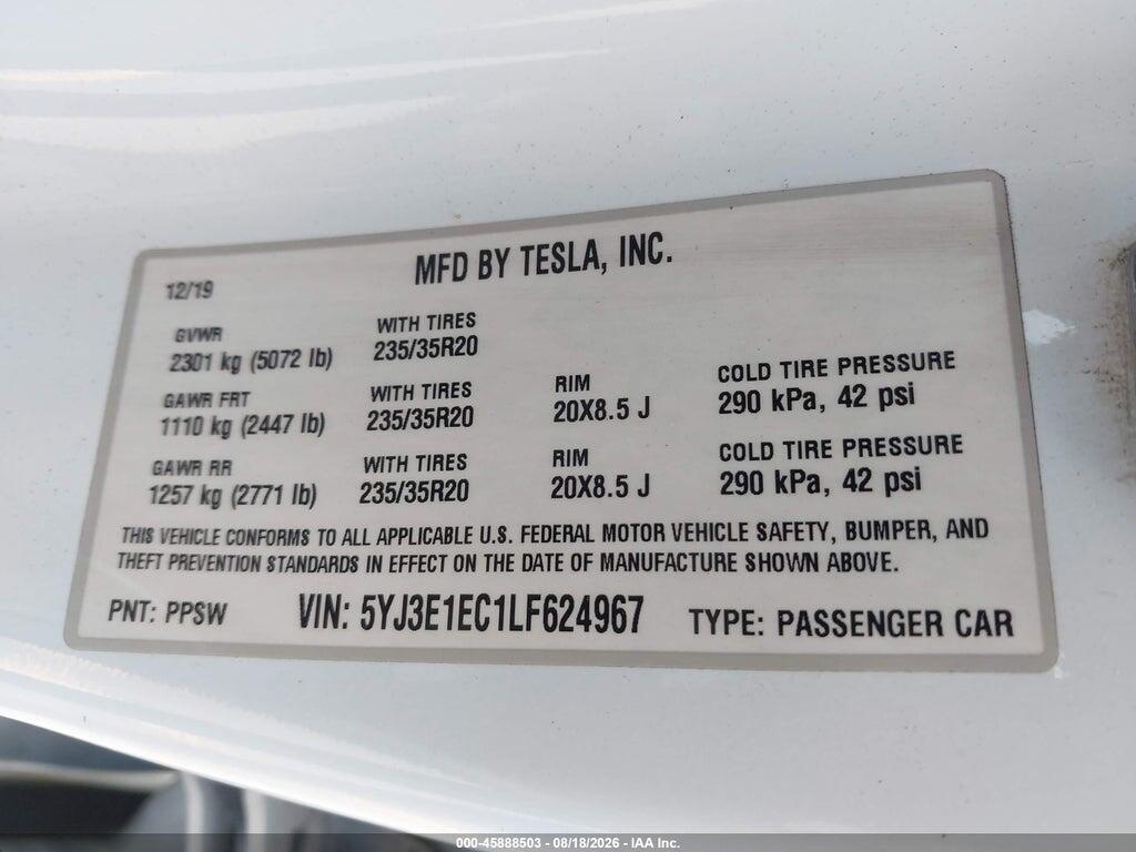 5YJ3E1EC1LF624967 2020 TESLA MODEL 3 photo no. 9