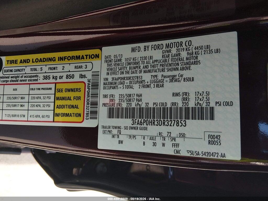 3FA6P0HR3DR327853 2013 FORD FUSION photo no. 9