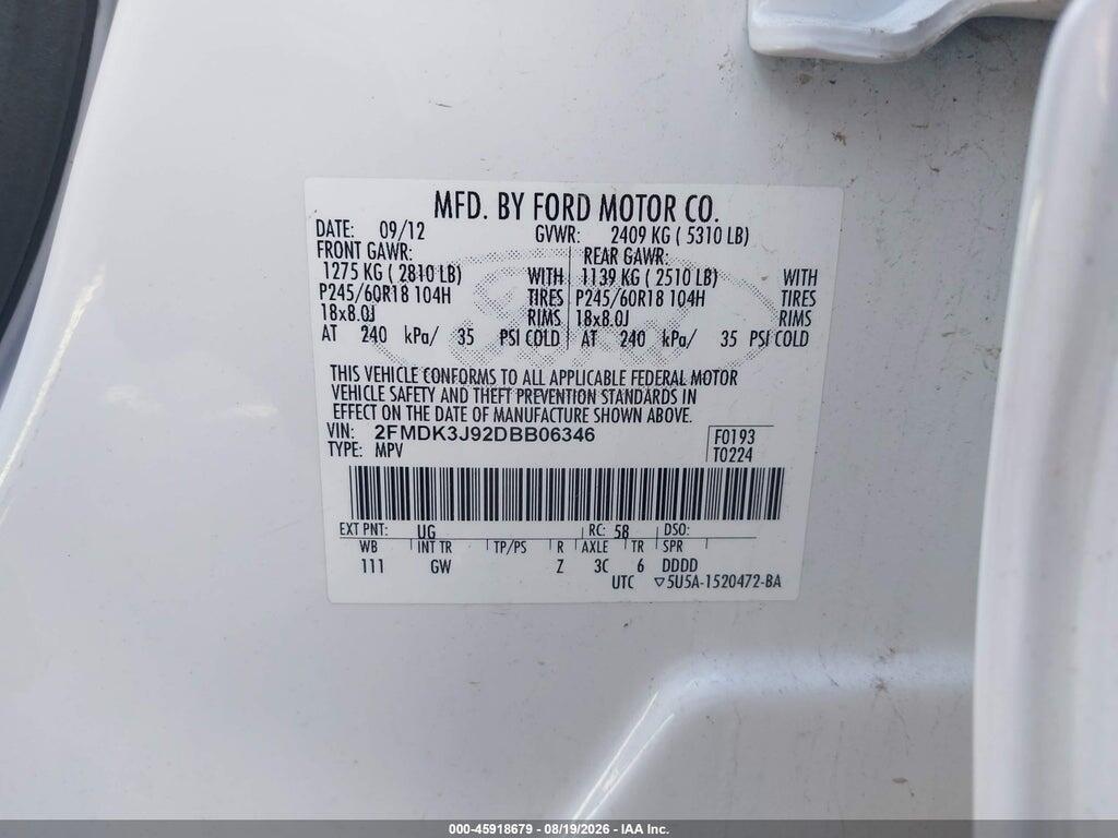 2FMDK3J92DBB06346 2013 FORD EDGE photo no. 9