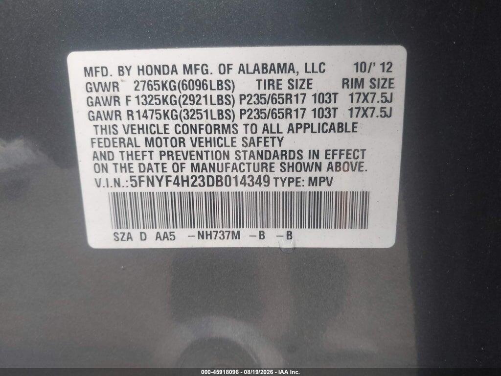 5FNYF4H23DB014349 2013 HONDA PILOT photo no. 9