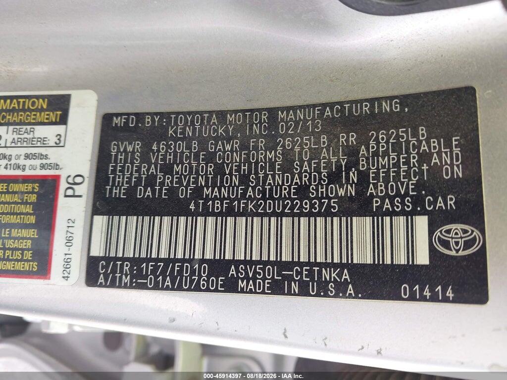 4T1BF1FK2DU229375 2013 TOYOTA CAMRY photo no. 9