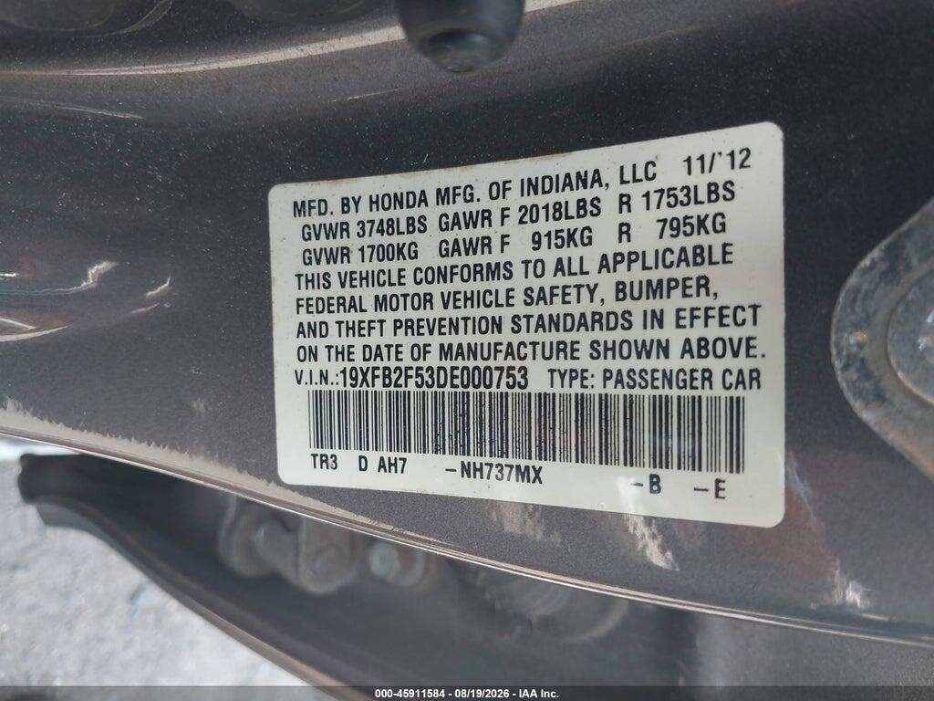 19XFB2F53DE000753 2013 HONDA CIVIC photo no. 9