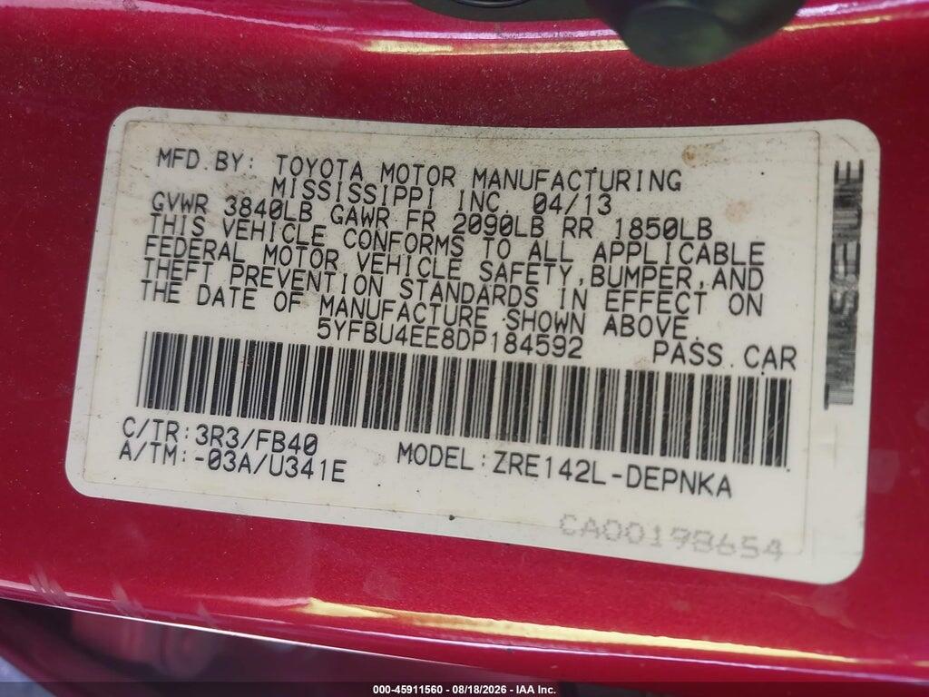 5YFBU4EE8DP184592 2013 TOYOTA COROLLA photo no. 9