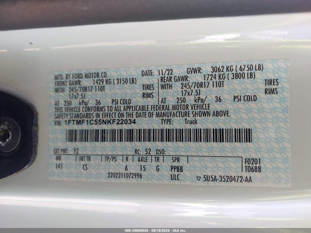 1FTMF1C55NKF22034 2022 FORD F-150 photo no. 9
