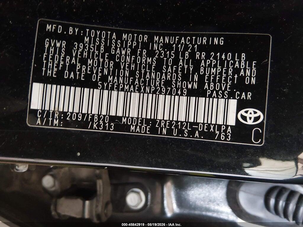 5YFEPMAEXNP297049 2022 TOYOTA COROLLA photo no. 9