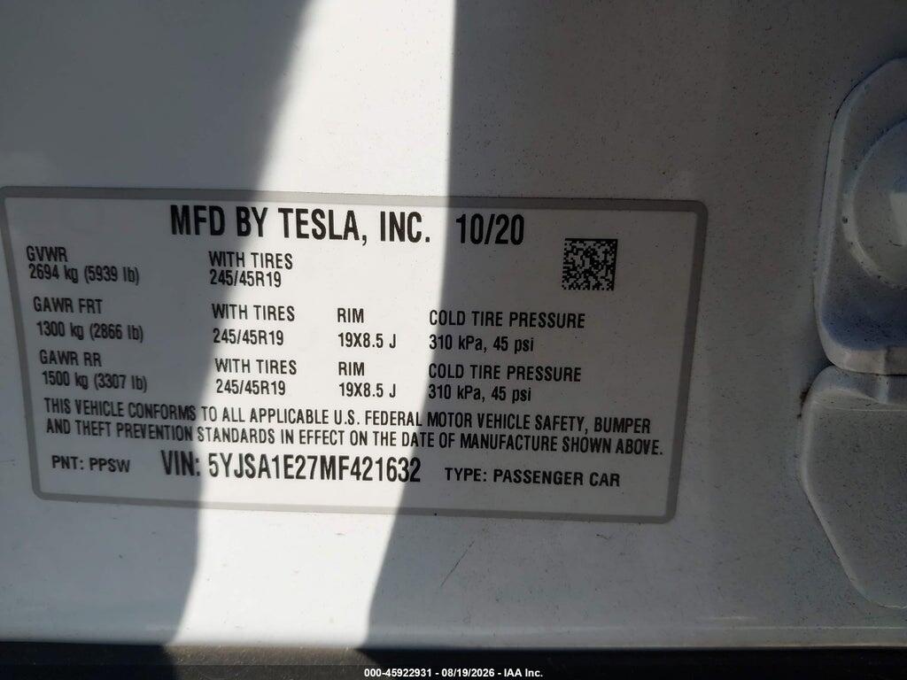 5YJSA1E27MF421632 2021 TESLA MODEL S photo no. 9