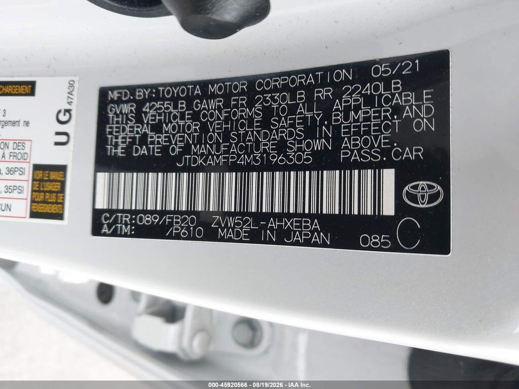 JTDKAMFP4M3196305 2021 TOYOTA PRIUS PRIME photo no. 9