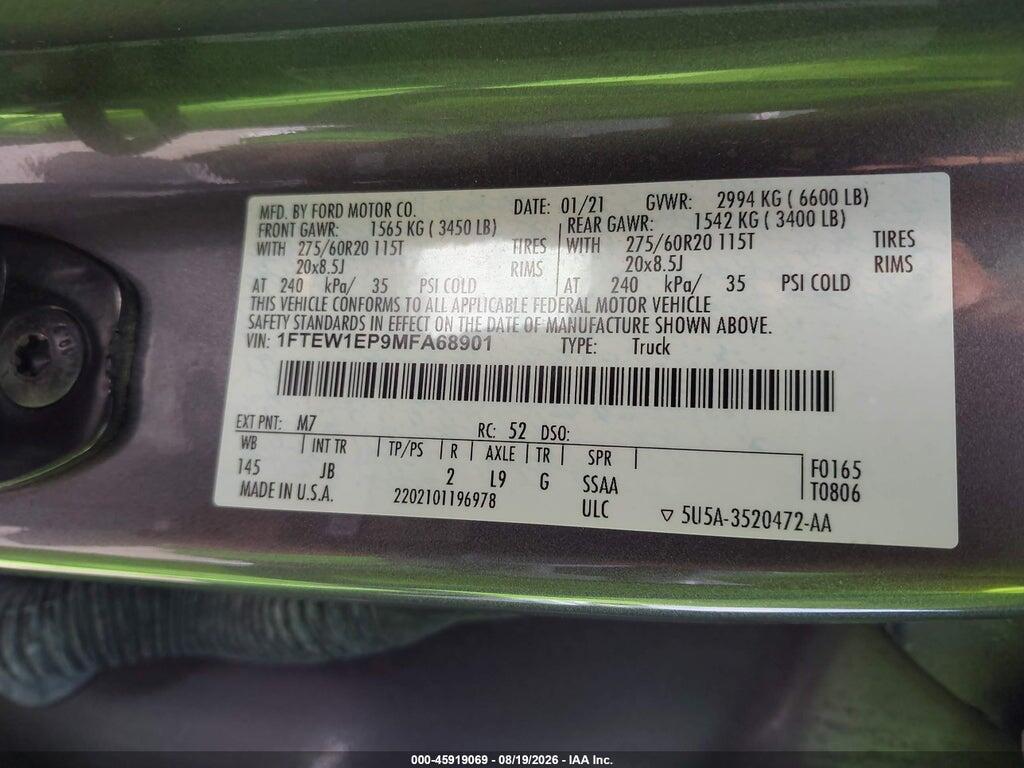 1FTEW1EP9MFA68901 2021 FORD F-150 photo no. 9