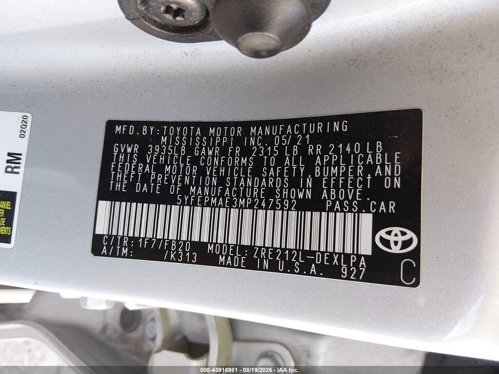 5YFEPMAE3MP247592 2021 TOYOTA COROLLA photo no. 9