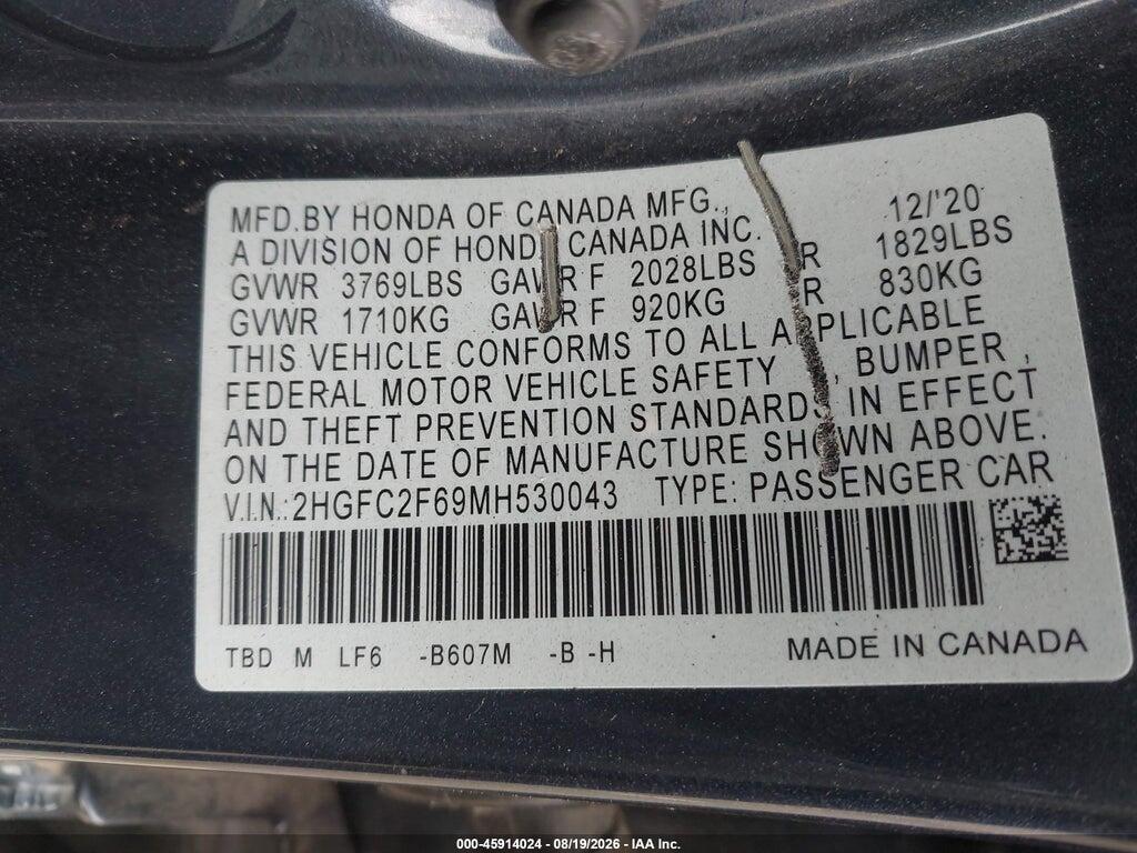 2HGFC2F69MH530043 2021 HONDA CIVIC photo no. 9