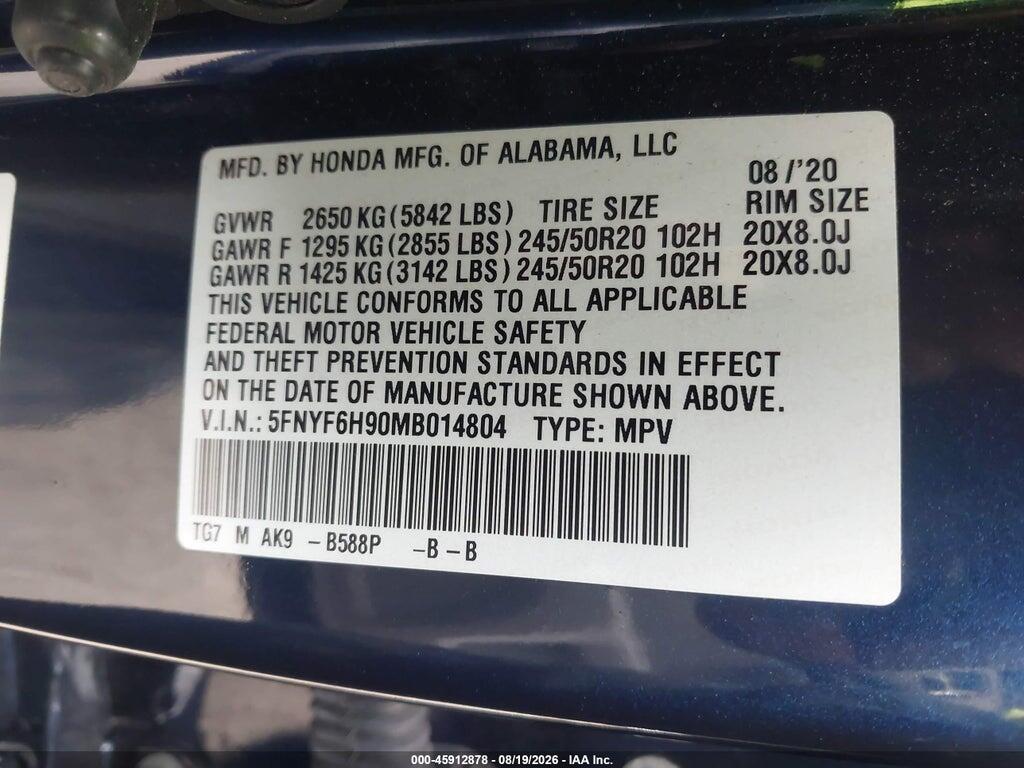 5FNYF6H90MB014804 2021 HONDA PILOT photo no. 9