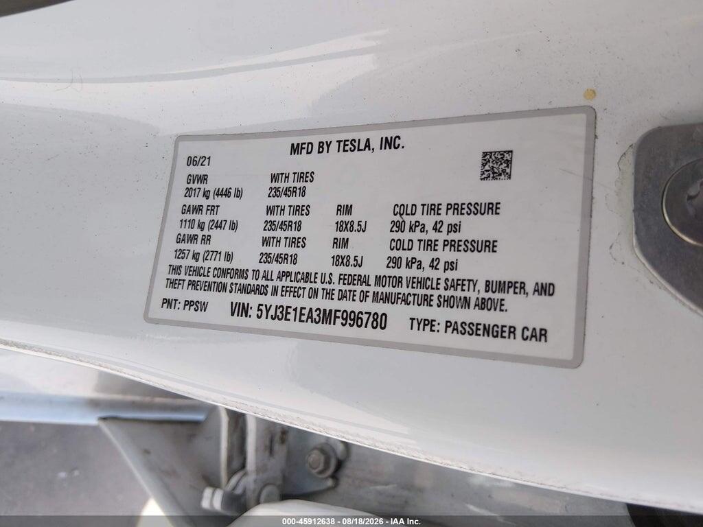 5YJ3E1EA3MF996780 2021 TESLA MODEL 3 photo no. 9