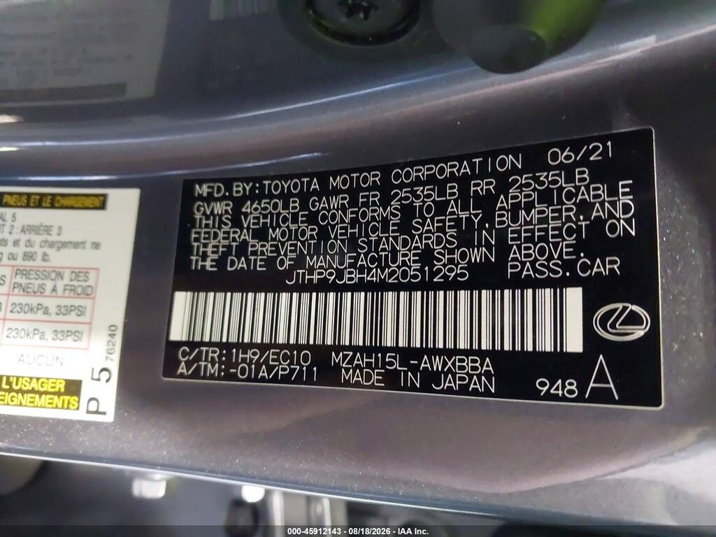 JTHP9JBH4M2051295 2021 LEXUS UX 250H photo no. 9