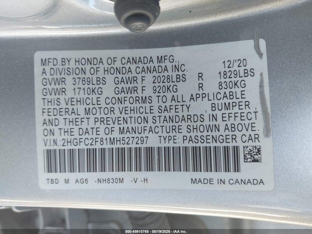 2HGFC2F81MH527297 2021 HONDA CIVIC photo no. 9