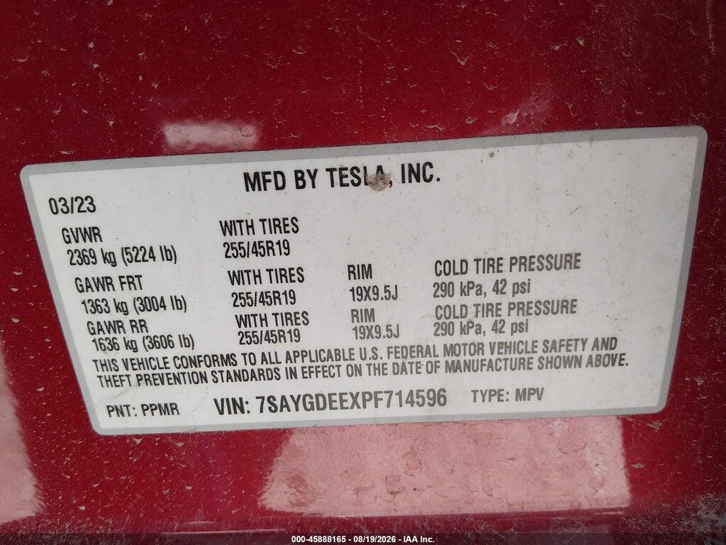 7SAYGDEEXPF714596 2023 TESLA MODEL Y photo no. 9