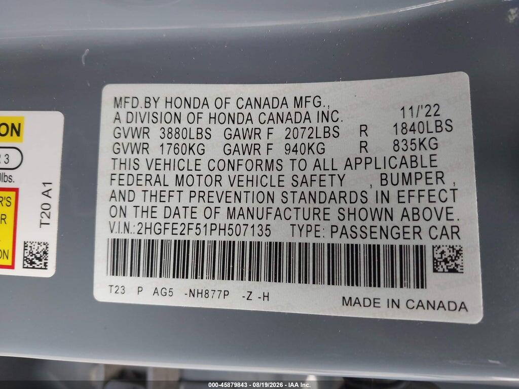 2HGFE2F51PH507135 2023 HONDA CIVIC photo no. 9