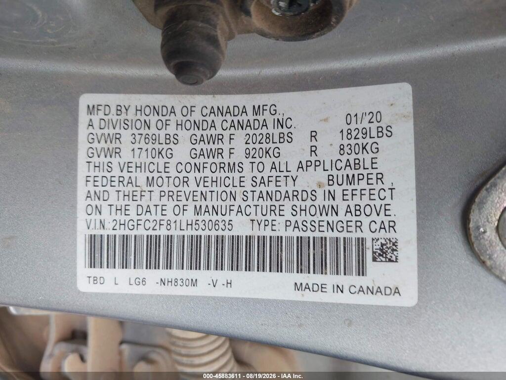 2HGFC2F81LH530635 2020 HONDA CIVIC photo no. 9