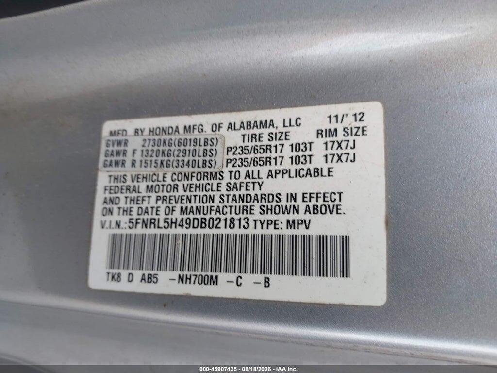 5FNRL5H49DB021813 2013 HONDA ODYSSEY photo no. 9