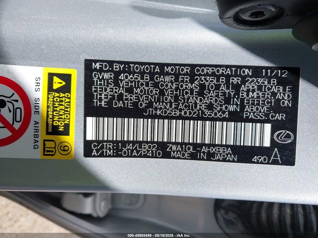 JTHKD5BH0D2135064 2013 LEXUS CT 200H photo no. 9