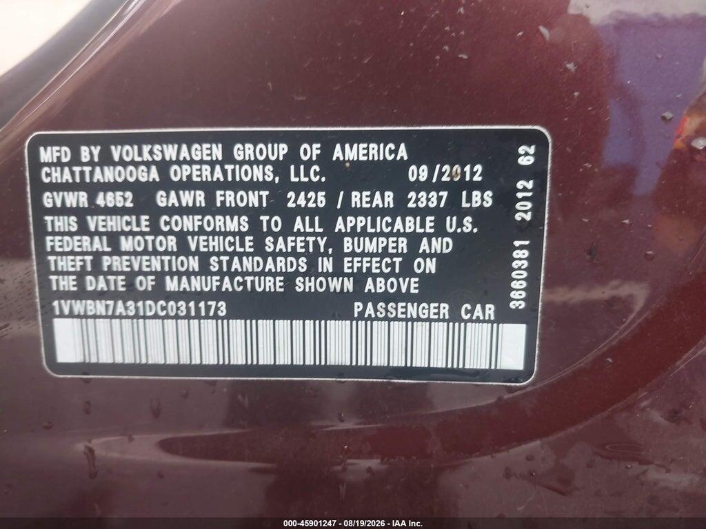 1VWBN7A31DC031173 2013 VOLKSWAGEN PASSAT photo no. 9