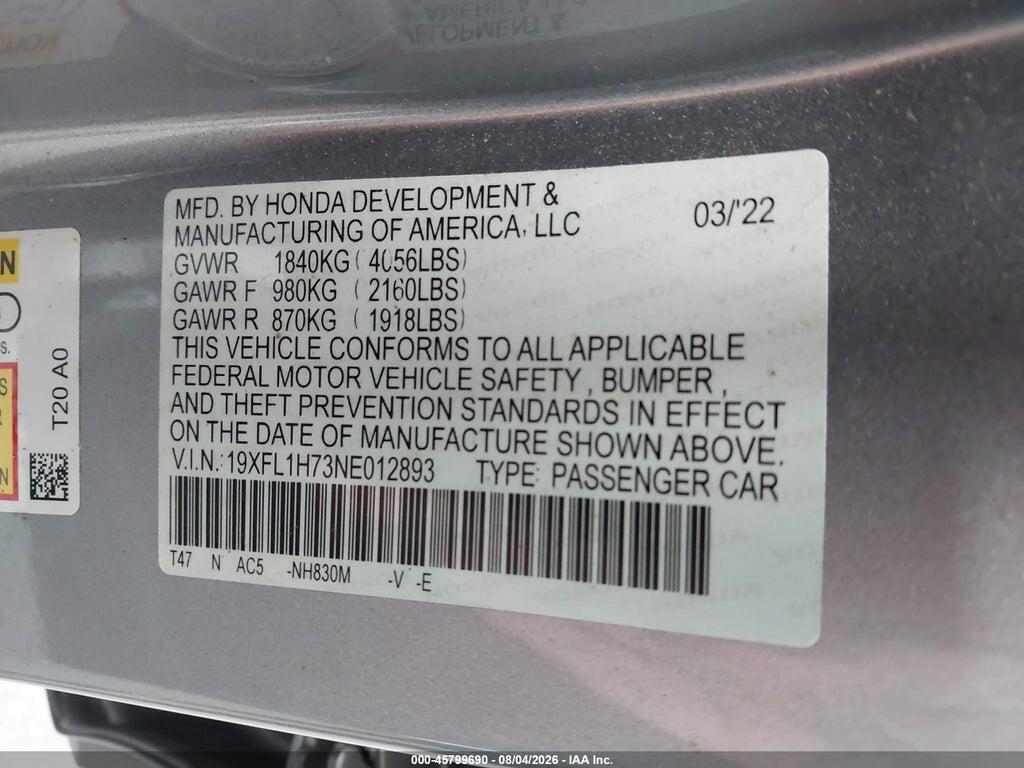 19XFL1H73NE012893 2022 HONDA CIVIC photo no. 9