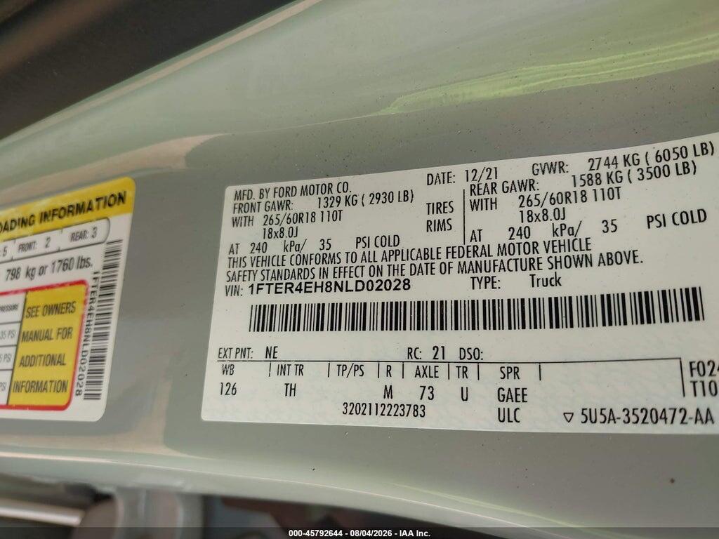 1FTER4EH8NLD02028 2022 FORD RANGER photo no. 9
