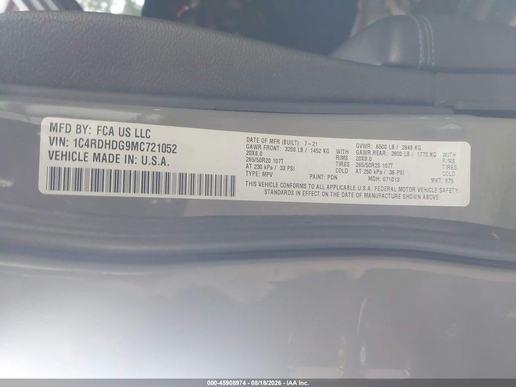 1C4RDHDG9MC721052 2021 DODGE DURANGO photo no. 9