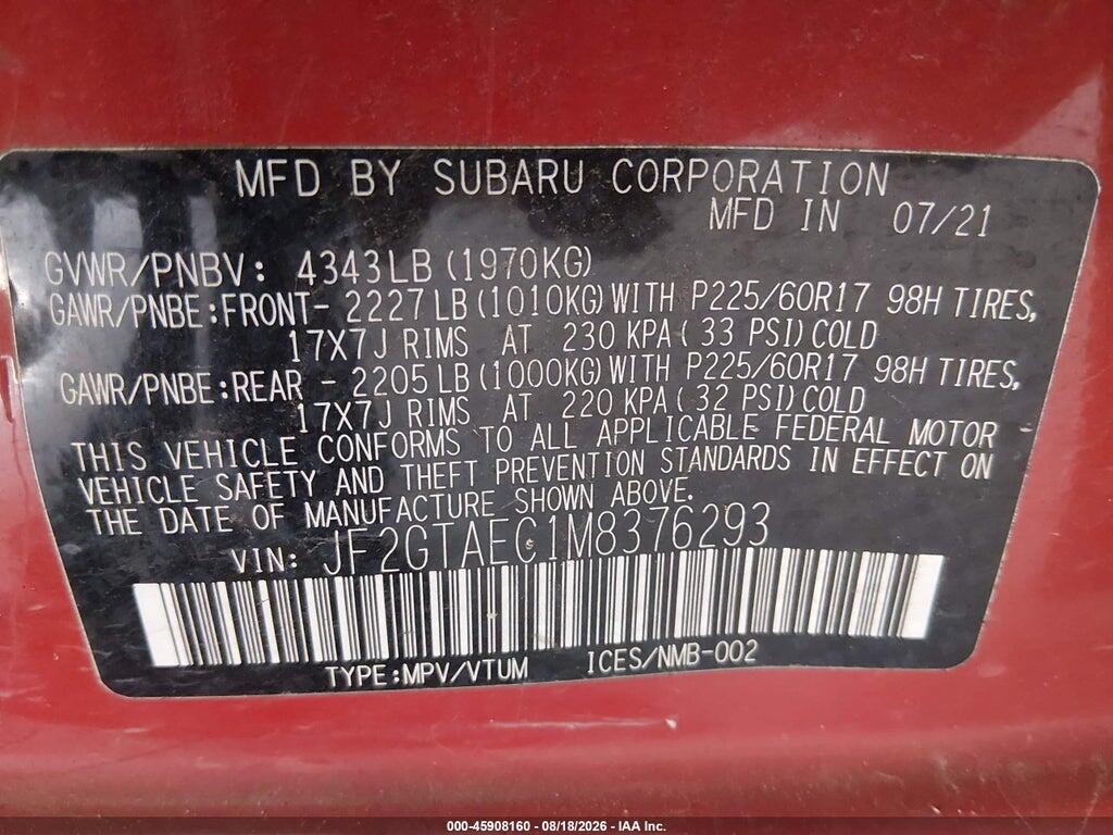 JF2GTAEC1M8376293 2021 SUBARU CROSSTREK photo no. 9