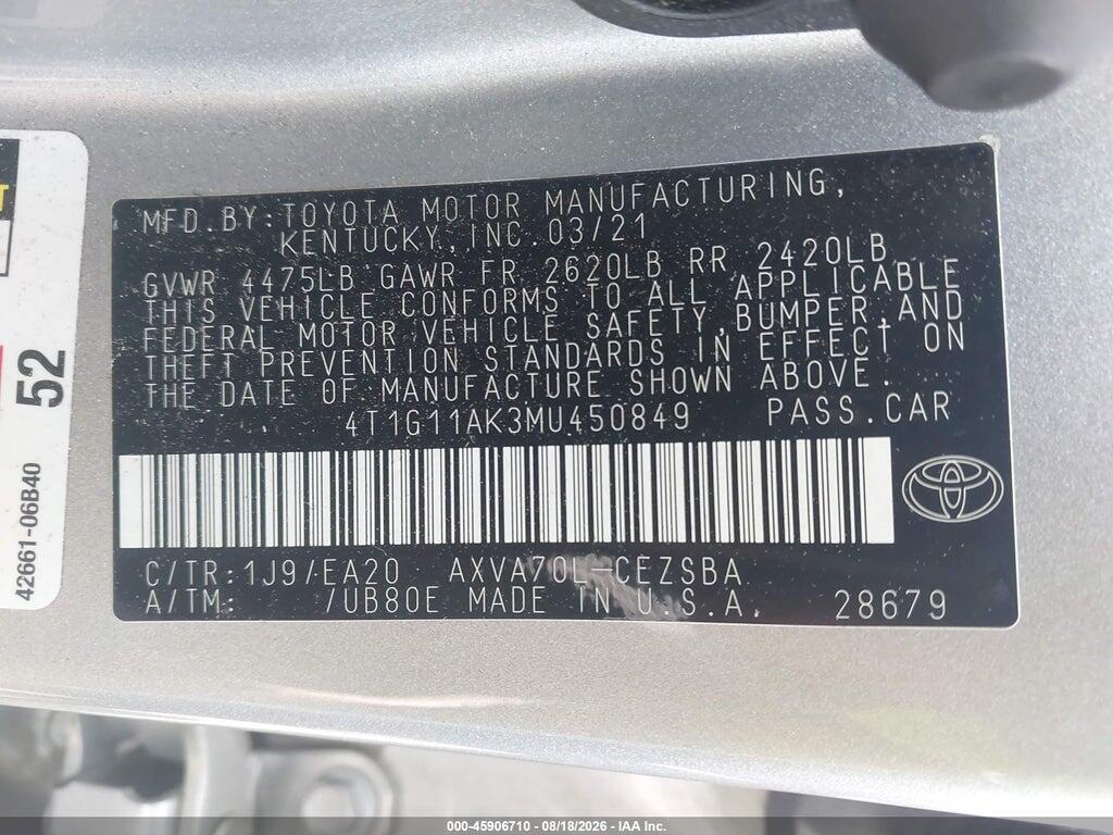 4T1G11AK3MU450849 2021 TOYOTA CAMRY photo no. 9