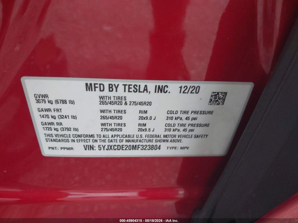 5YJXCDE20MF323804 2021 TESLA MODEL X photo no. 9