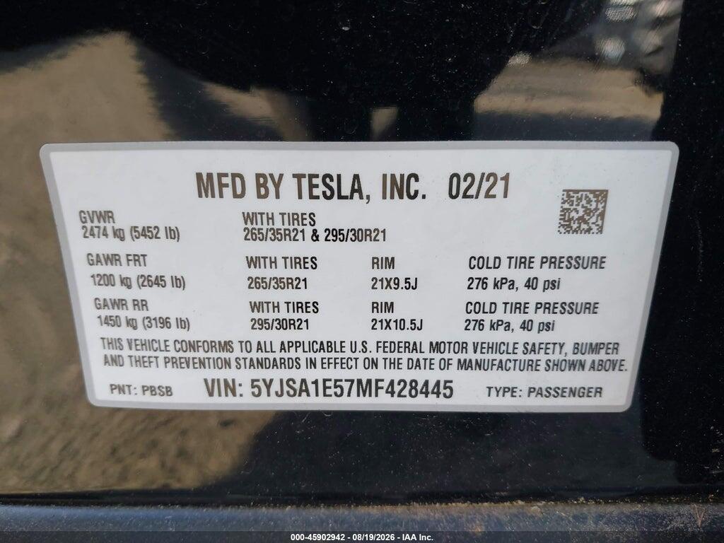5YJSA1E57MF428445 2021 TESLA MODEL S photo no. 9