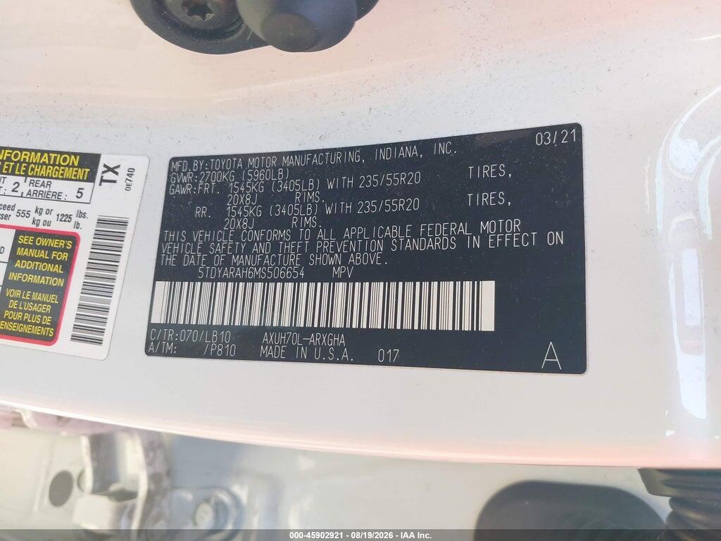 5TDYARAH6MS506654 2021 TOYOTA HIGHLANDER photo no. 9