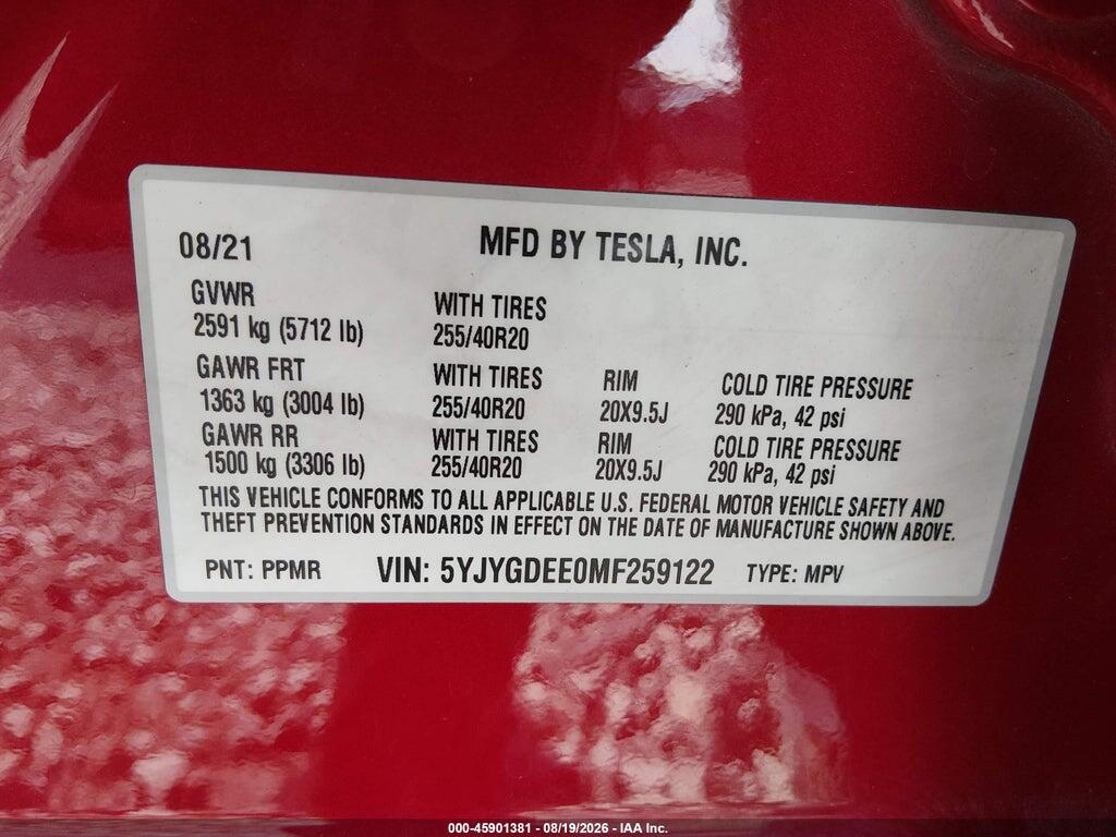 5YJYGDEE0MF259122 2021 TESLA MODEL Y photo no. 9