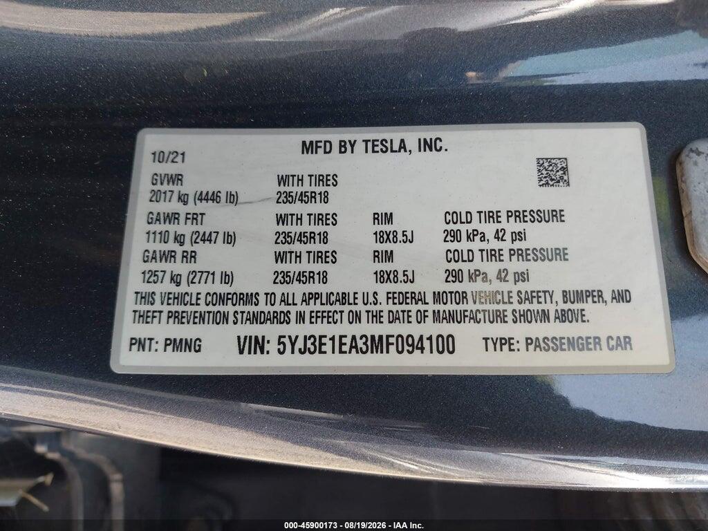 5YJ3E1EA3MF094100 2021 TESLA MODEL 3 photo no. 9