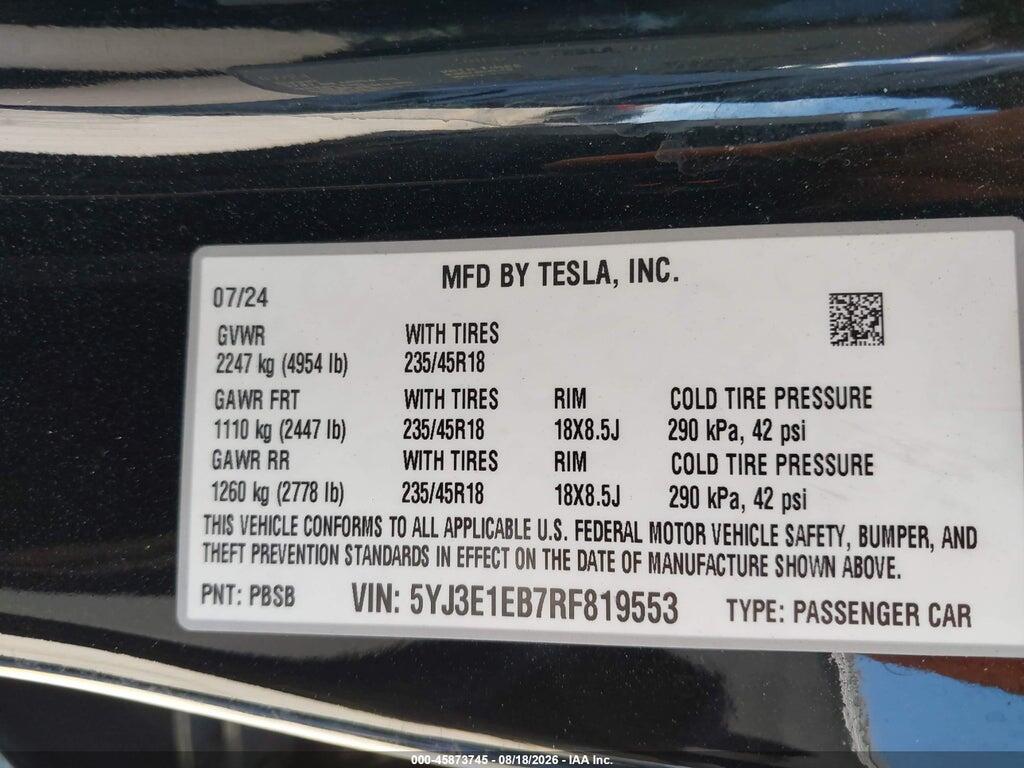 5YJ3E1EB7RF819553 2024 TESLA MODEL 3 photo no. 9