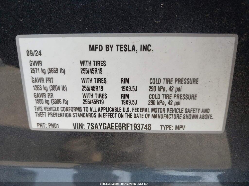 7SAYGAEE6RF193748 2024 TESLA MODEL Y photo no. 9