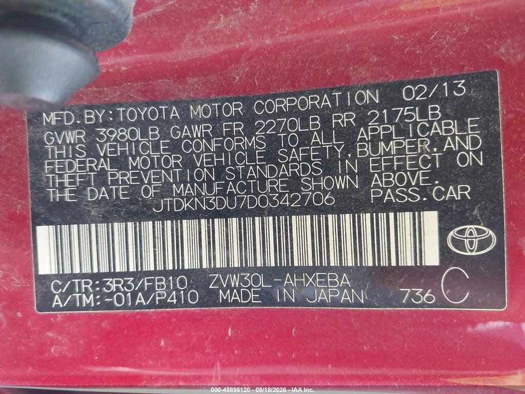 JTDKN3DU7D0342706 2013 TOYOTA PRIUS photo no. 9