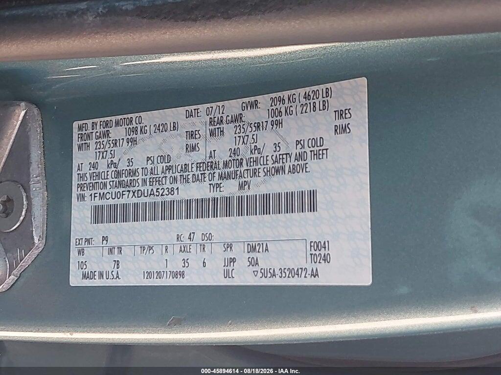 1FMCU0F7XDUA52381 2013 FORD ESCAPE photo no. 9
