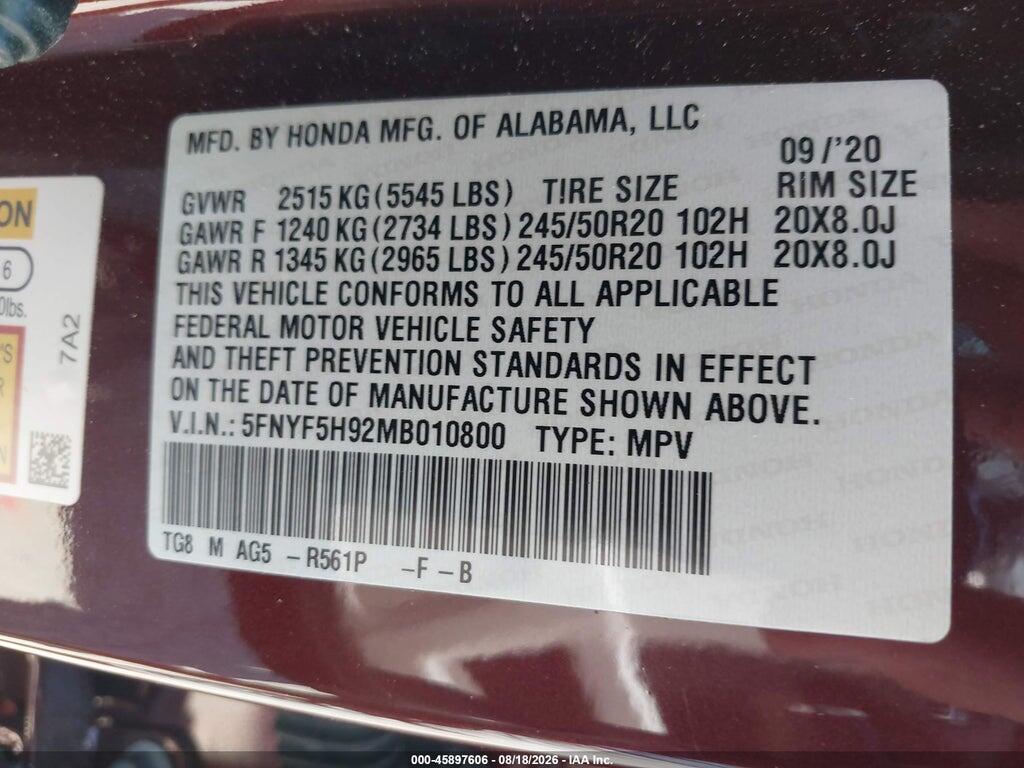 5FNYF5H92MB010800 2021 HONDA PILOT photo no. 9