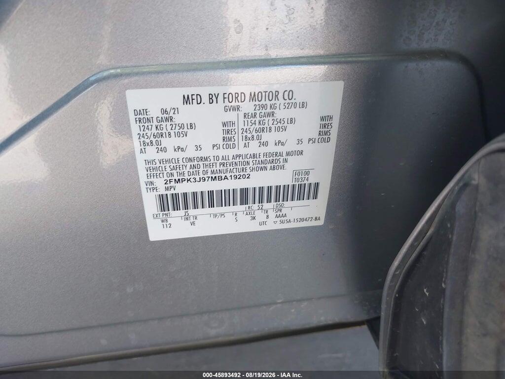 2FMPK3J97MBA19202 2021 FORD EDGE SEL FWD photo no. 9