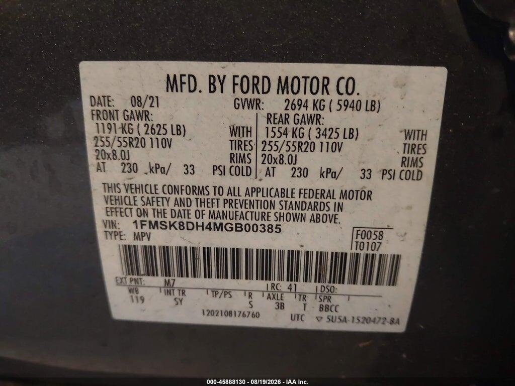 1FMSK8DH4MGB00385 2021 FORD EXPLORER photo no. 9