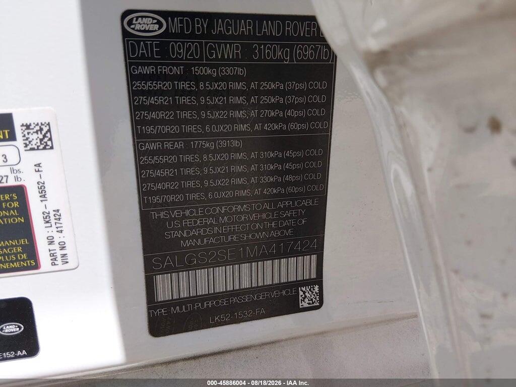 SALGS2SE1MA417424 2021 LAND ROVER RANGE ROVER photo no. 9